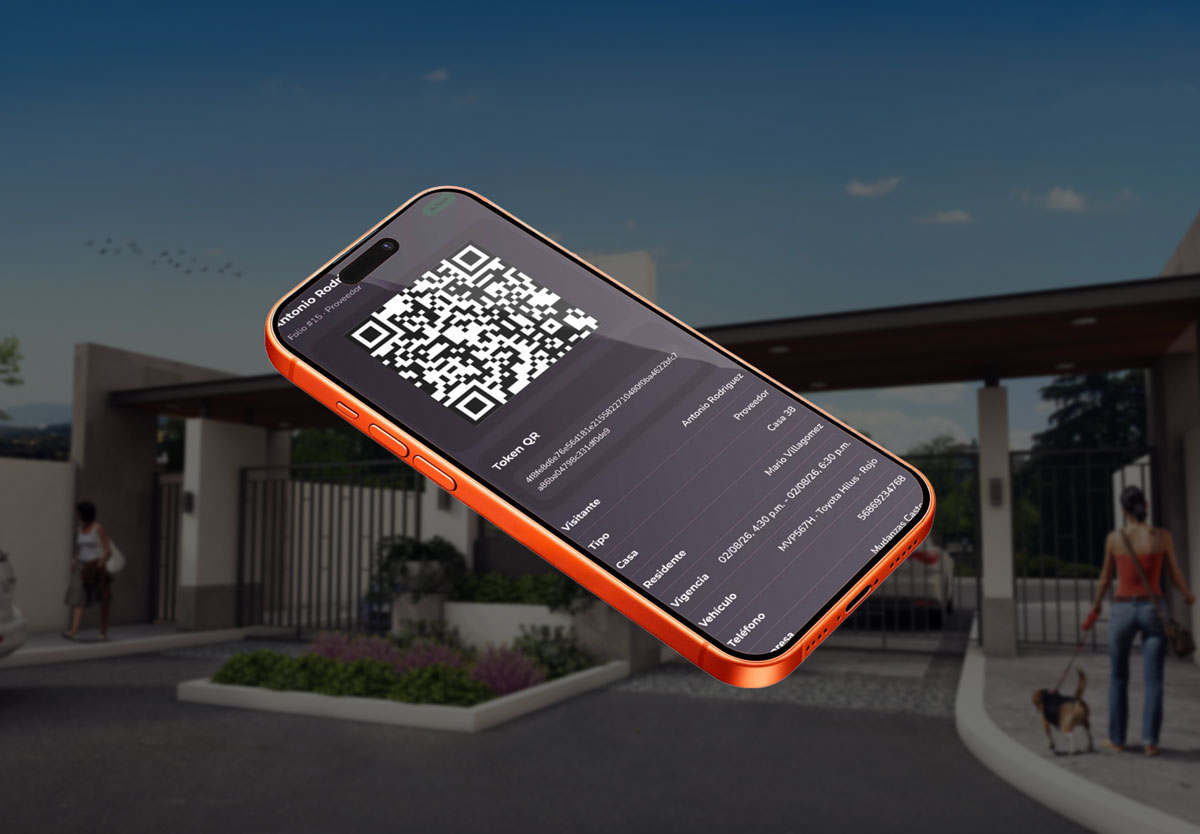 Invitación de visitante con código QR de Buen Entorno frente al acceso de un condominio