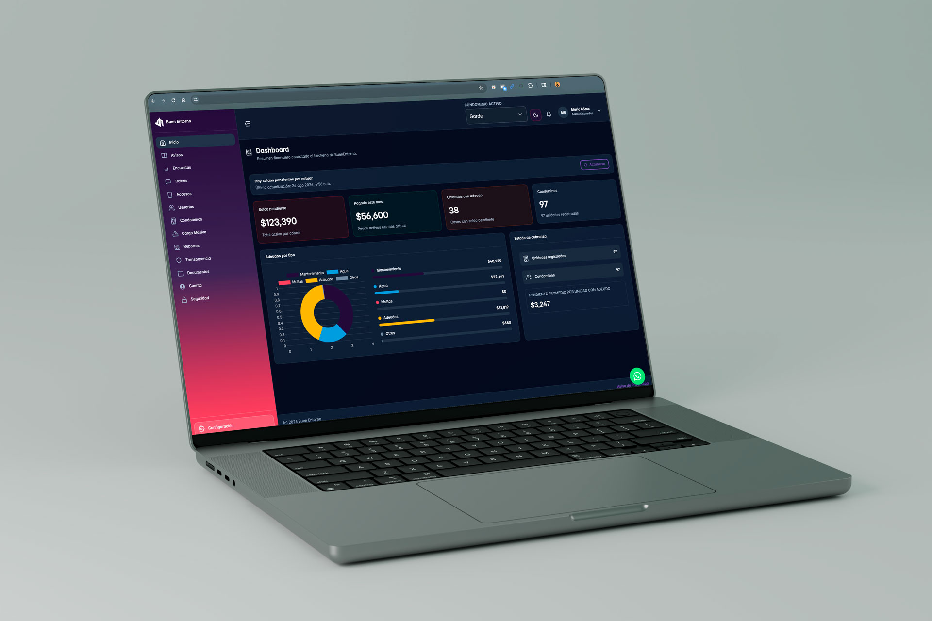 Panel web de Buen Entorno en una computadora, con resumen de pagos y actividad del condominio